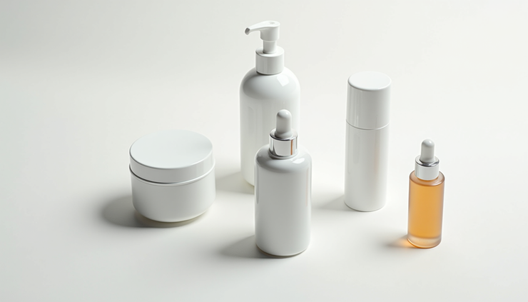 High angle view of a simple skincare routine setup with cleanser, serum, moisturizer, and sunscreen