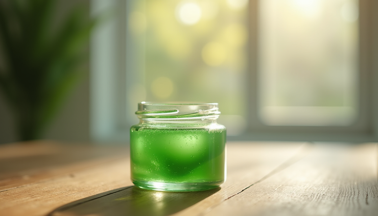 Eye-level view of a small jar of aloe vera gel on a wooden table