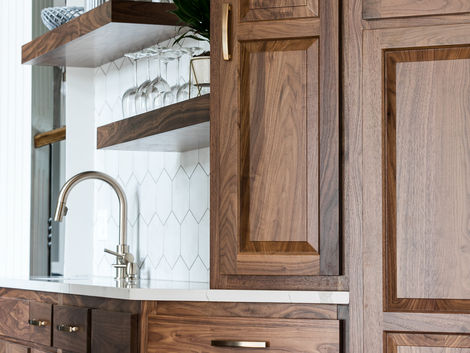 Rich wood standard overlay cabinets with crown molding accents