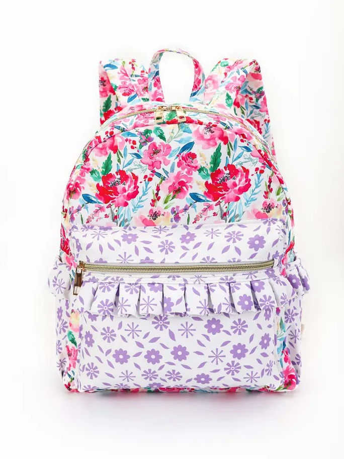 Hot Pink Flower Girls Ruffle Backpack Front View