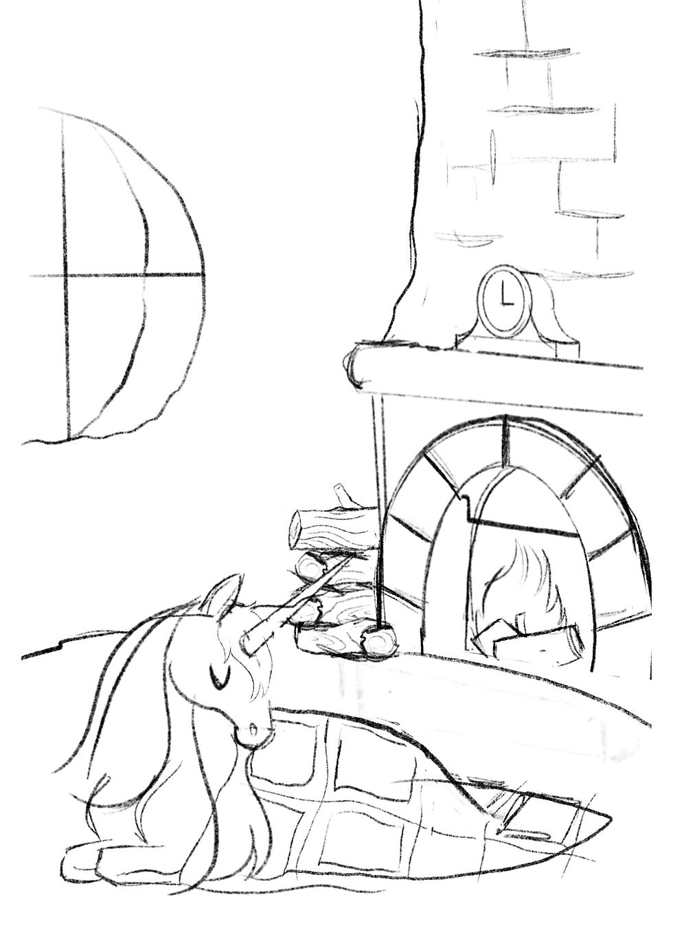 Moonshine sleeping by the fire colouring page