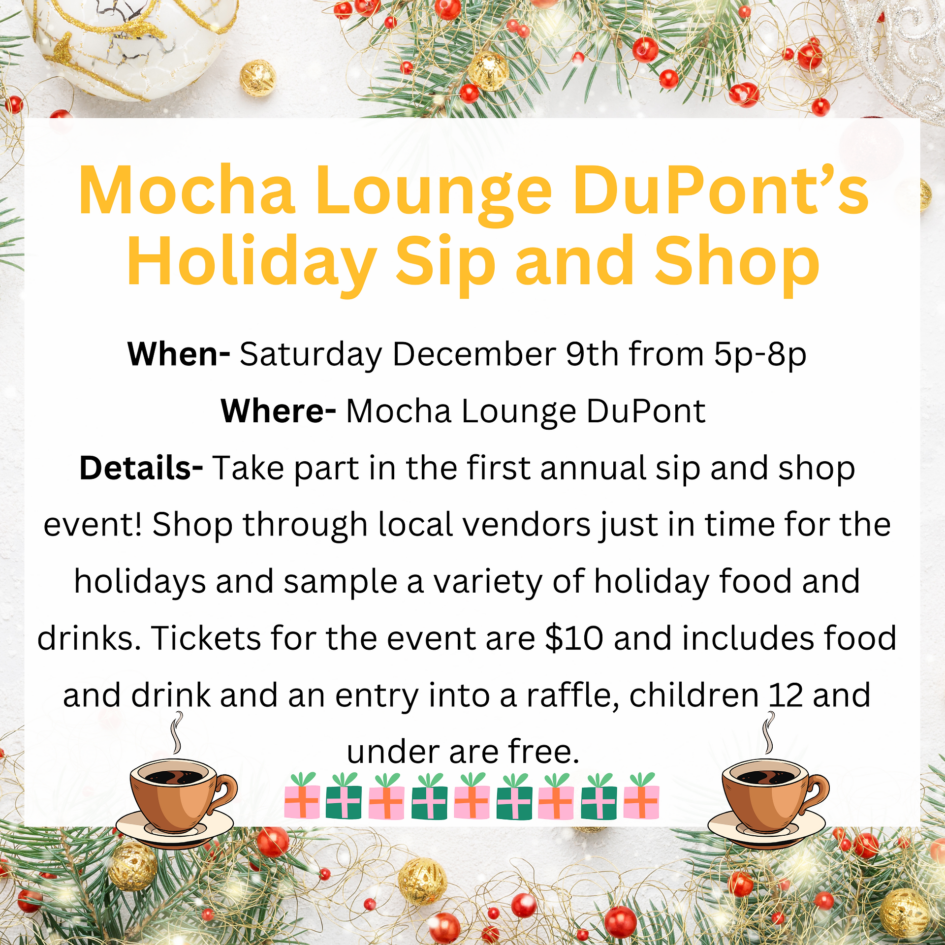 Mocha Lounge on Dupont is hosting their first annual sip and shop event. The event will include tastings of multiple holiday inspired coffee beverages, food tastings, and the opportunity to shop through multiple vendors while you’re there. 