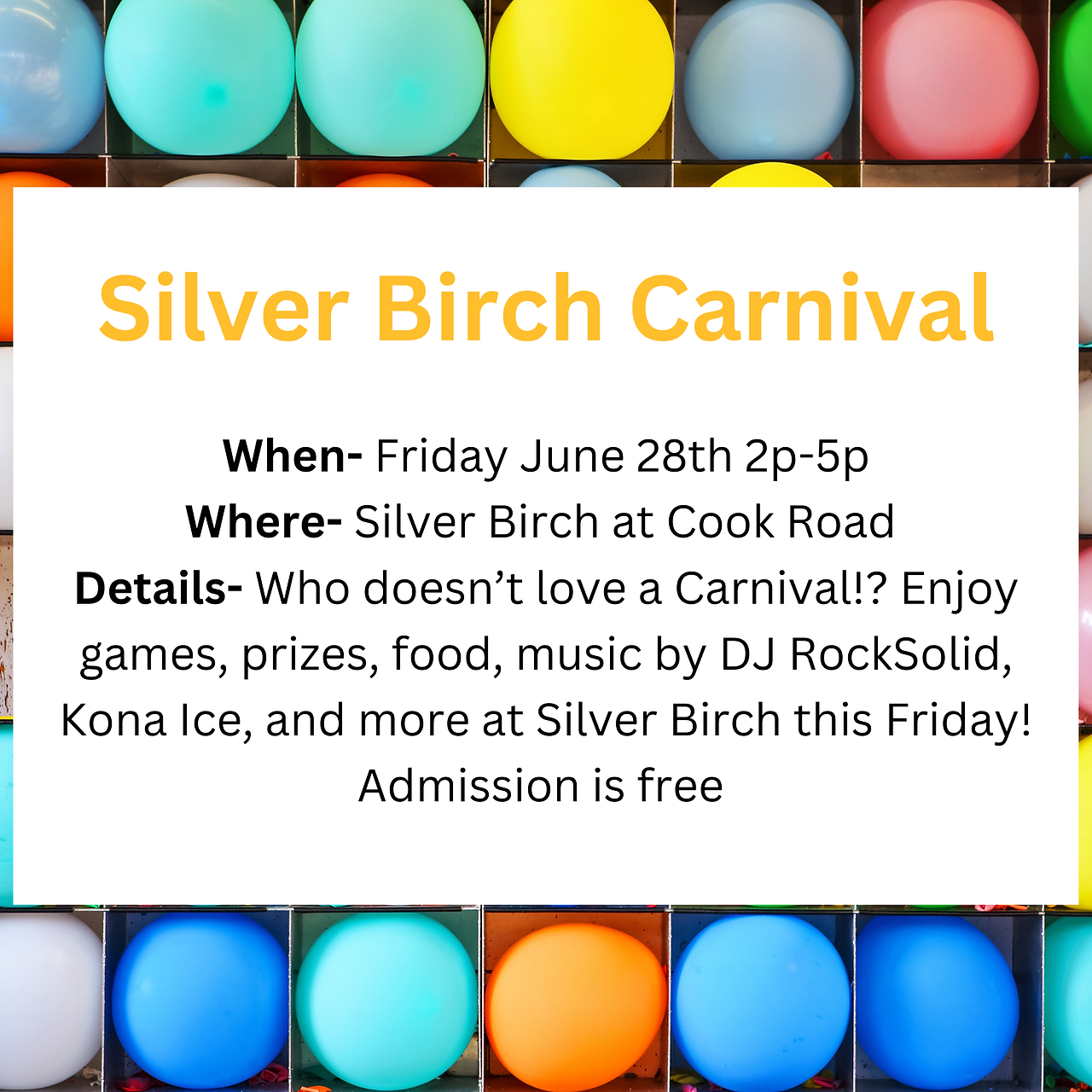 Silver Birch atat Cook Road. This is a free event in Fort Wayne that is a carnival. If you like going to carnival then your going to like this event.
