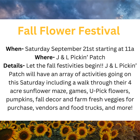 J&L Pickin’ Patch will have an array of activities going on this Saturday including a walkthrough of their sunflower maze. U-Pick Flowers and Pumpkins, Fall decor and farm fresh veggies! Check out this Fort Wayne Picking Patch.