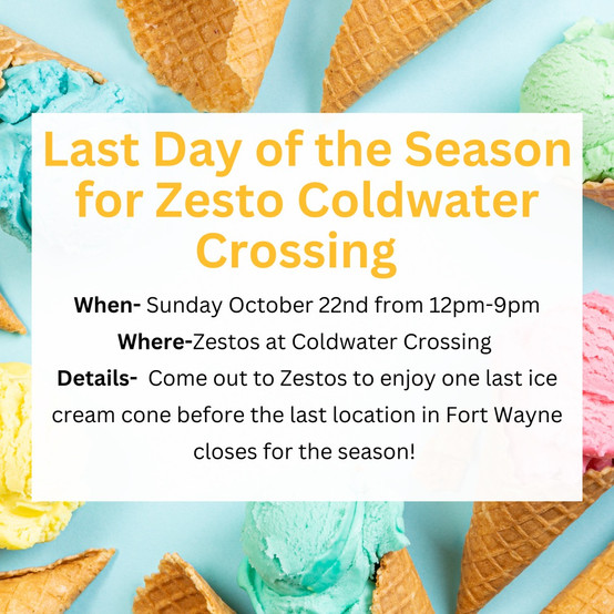 This weekend October 22nd, Zesto Ice cream will be closing for the season. Bring the family out to enjoy ice cream, shakes, or dessert before they close for the year. Check out the Zesto at Coldwater Crossing located in Fort Wayne, Indiana.