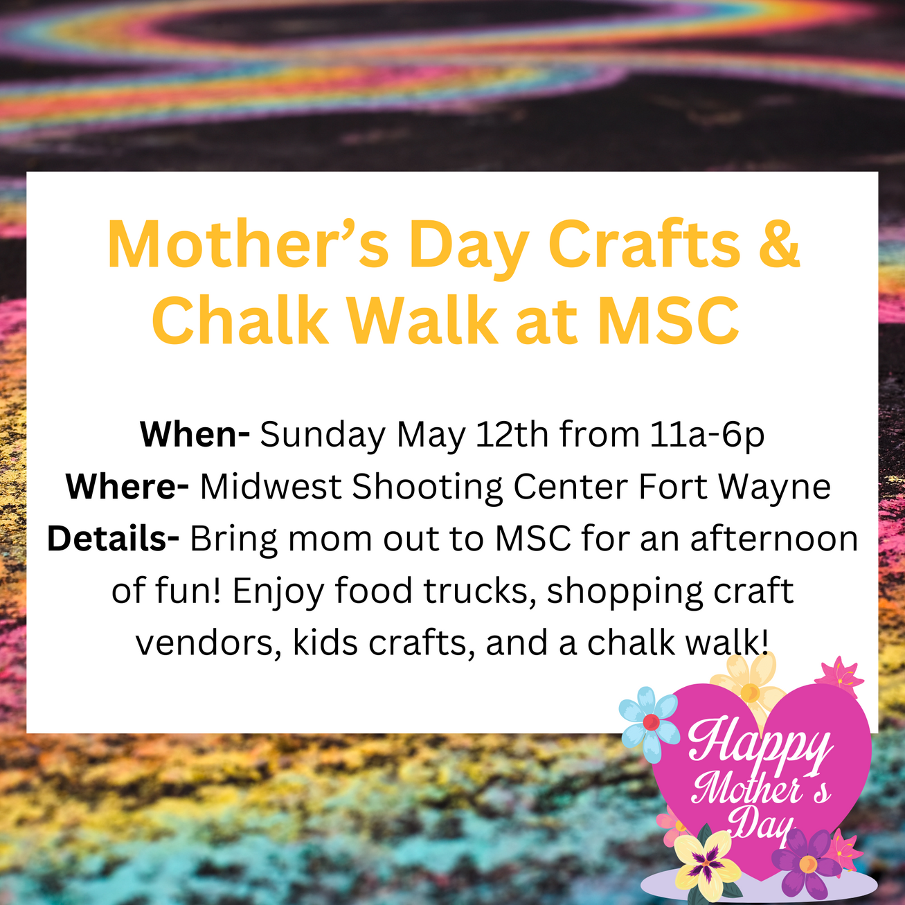 Local event going on is at the shooting range. They will have vendors, food trucks, shopping craft. kid crafts, and a chalk walk.