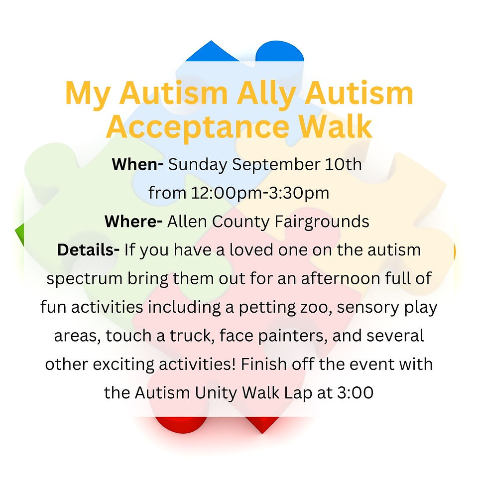 My Autism Ally Autism Acceptance Walk is happening at the Allen County Fairgrounds If you have a loved one on the austism spectrums bring them to this event. Fun activities like a petting zoo, sensory play areas, face painters, finish up the event with a austism walk