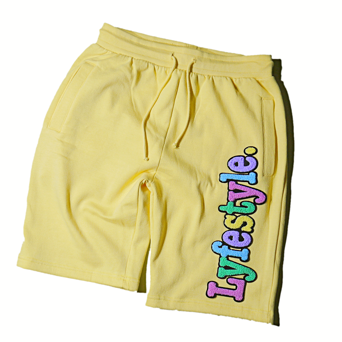 "Lyfestyle" Multi Color Script Shorts (Yellow)