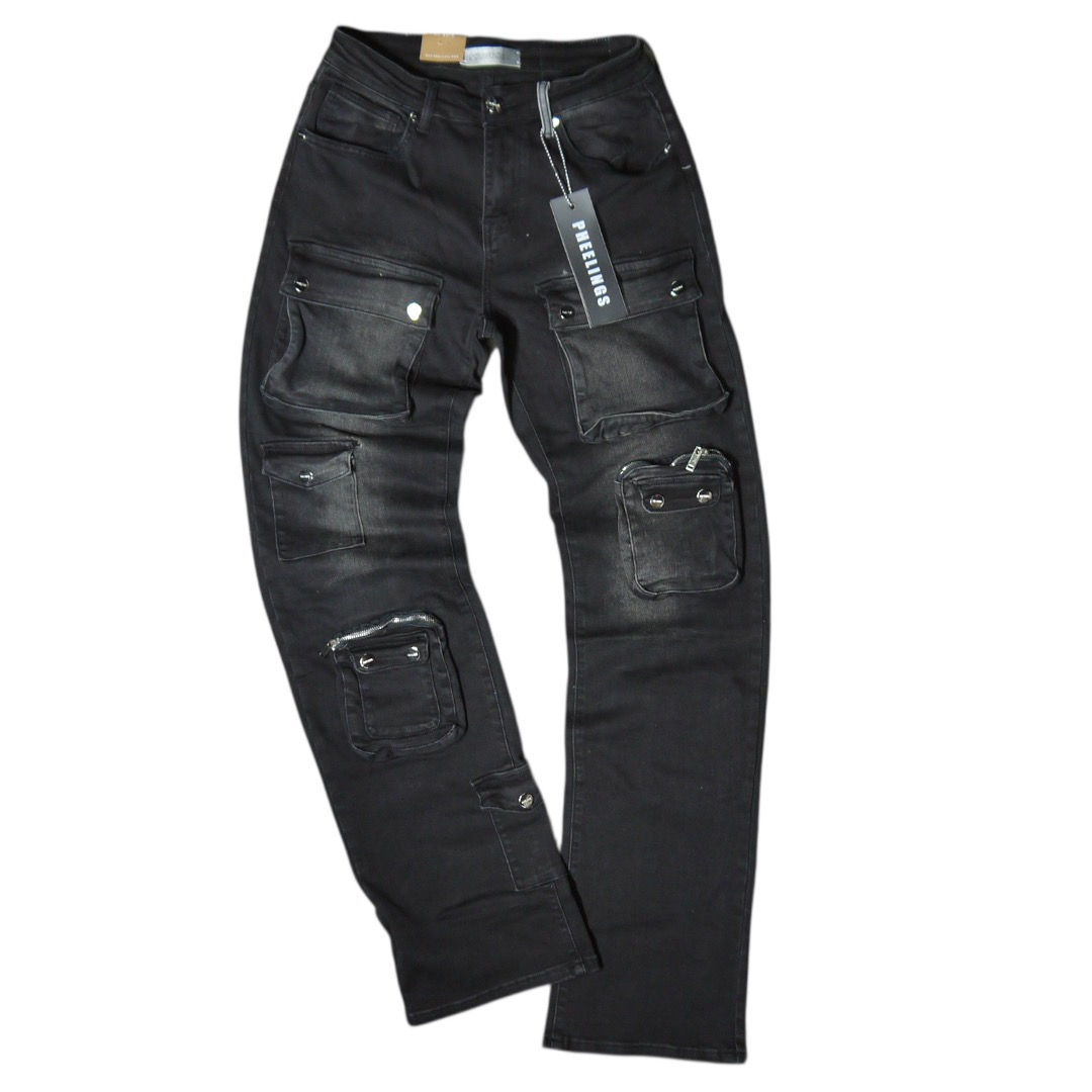 "PHEELINGS" Heavy Thoughts Cargo Baggy Jeans (Black)