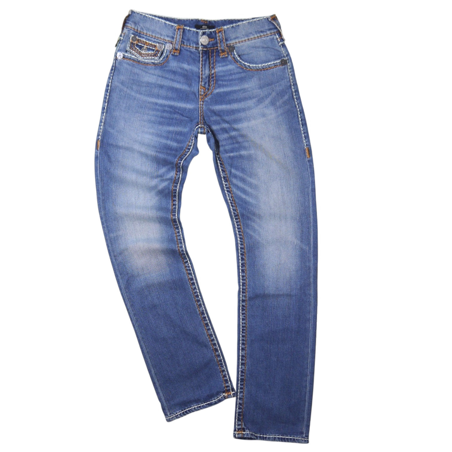 "TRUE RELIGION" Ricky Super T Rope Stitch Flap Straight Jeans (Med Indigo Wash)