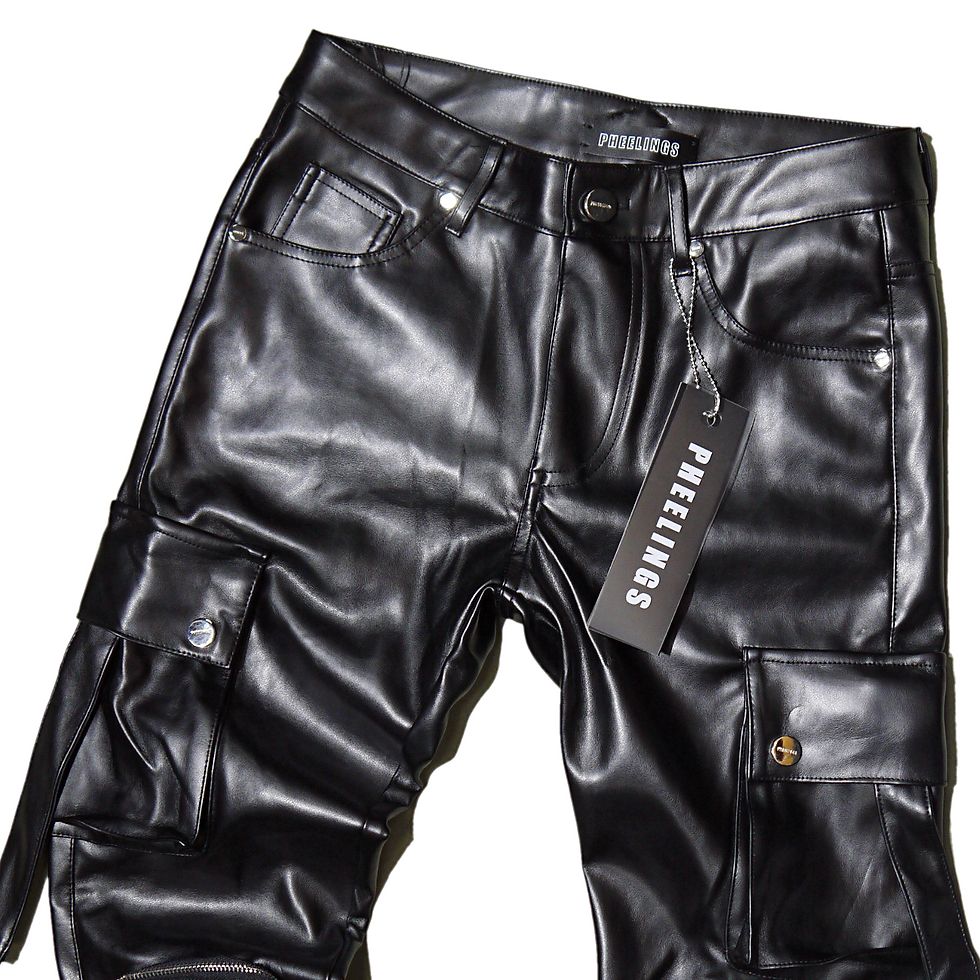 サムネイル： "PHEELINGS" Never Look Back Cargo Flare Stack Jeans (PU Leather)