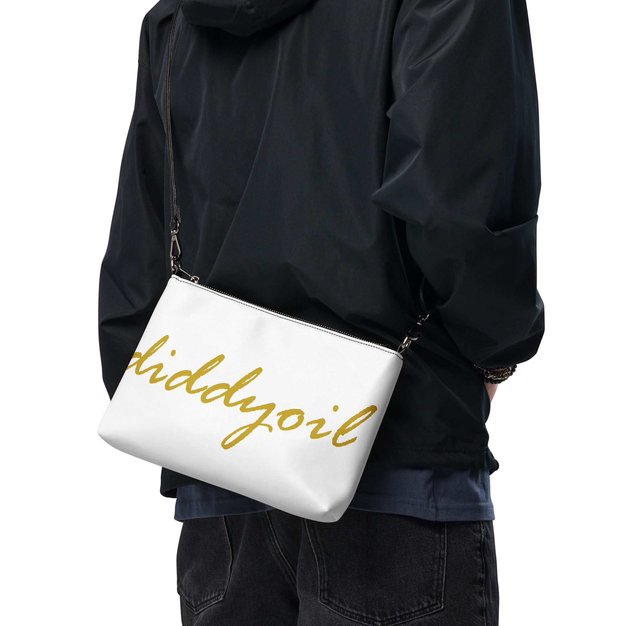 Person wearing white Diddyoil crossbody bag