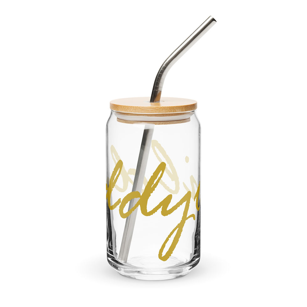 Glass with bamboo lid, metal straw, and gold 'Diddyoil' lettering