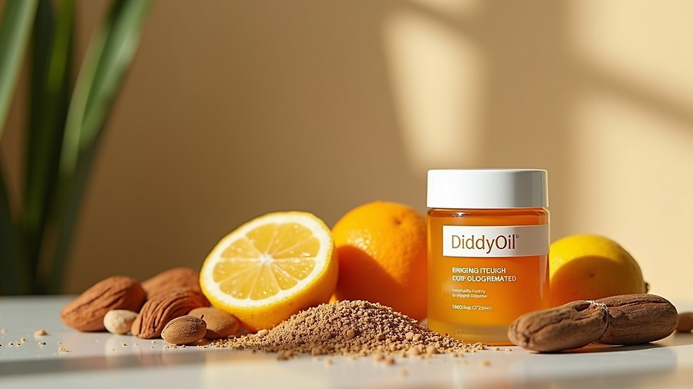 Eye-level view of Diddyoil skincare jar surrounded by natural ingredients