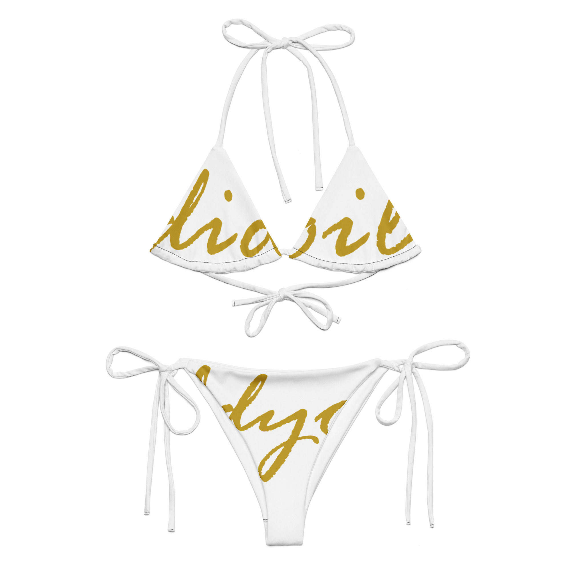 Diddyoil white string bikini; gold Diddyoil logo