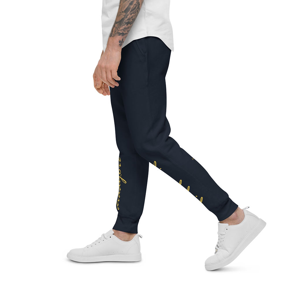 Thumbnail: Model in navy unisex slimfit fleece sweatpants diddyoil