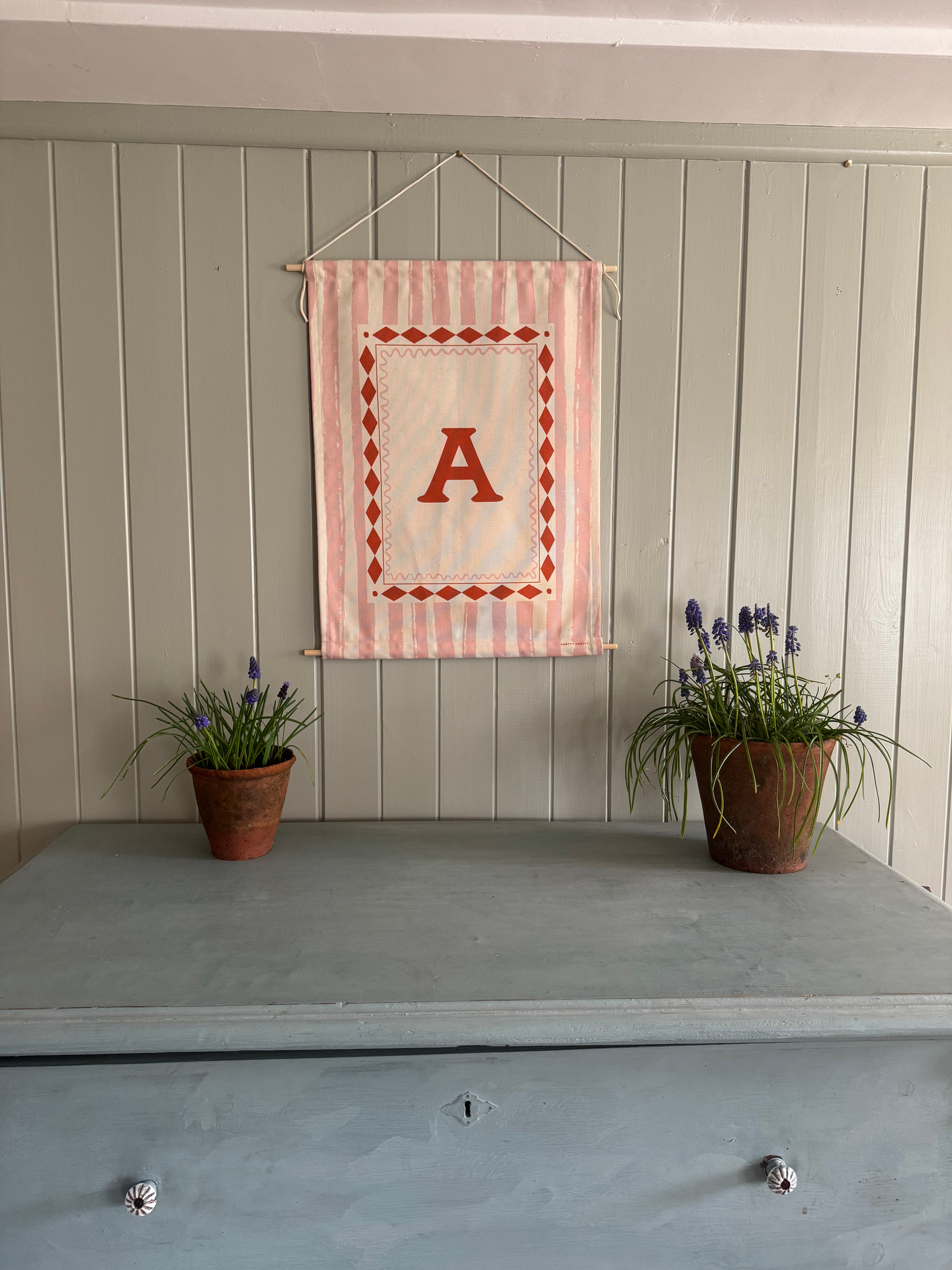 SAMPLE Pink & Red Stripe A Initial Printed Fabric Banner