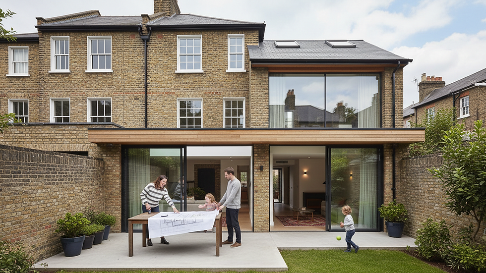 Eye-level view of a modern London townhouse with planning documents on a table