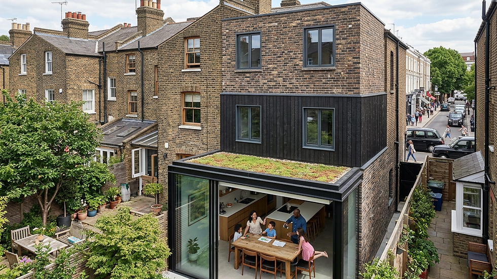 High angle view of a multi-storey residential building with a new rooftop extension