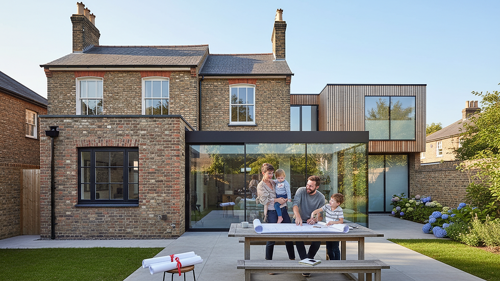 Eye-level view of modern London townhouse with architectural plans