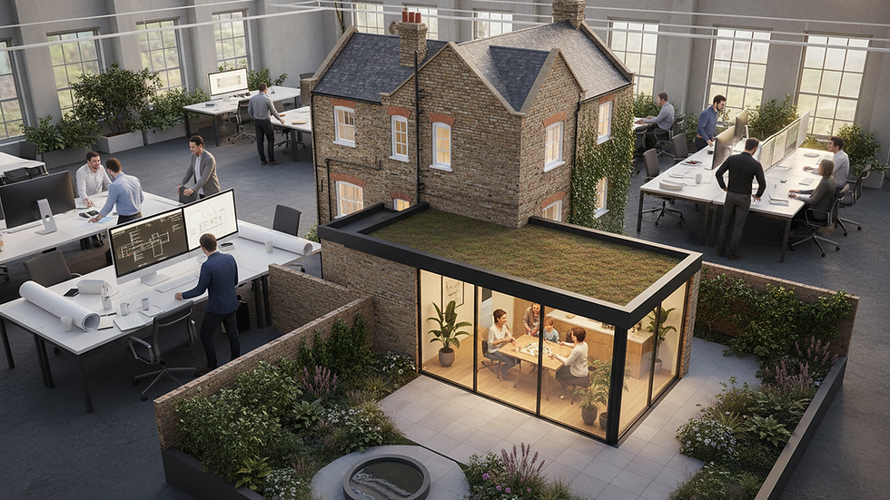 High angle view of a London borough planning office with architectural plans