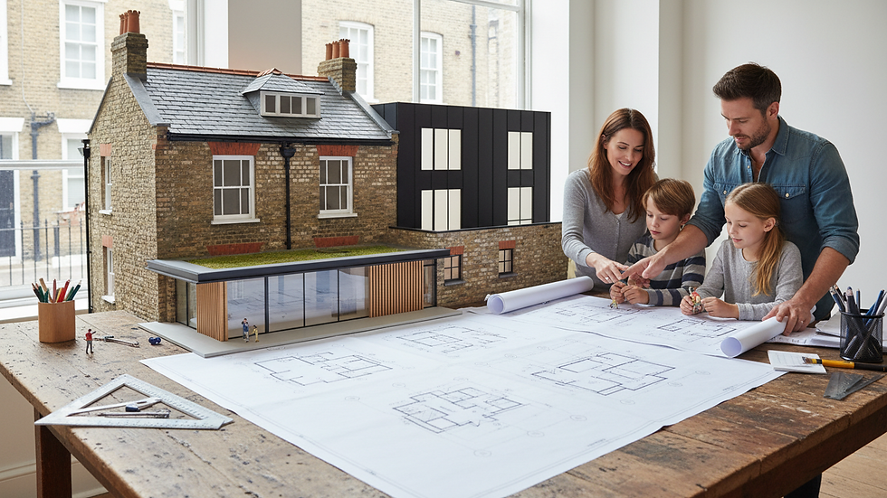 Close-up view of architectural plans and a scale model of a London building