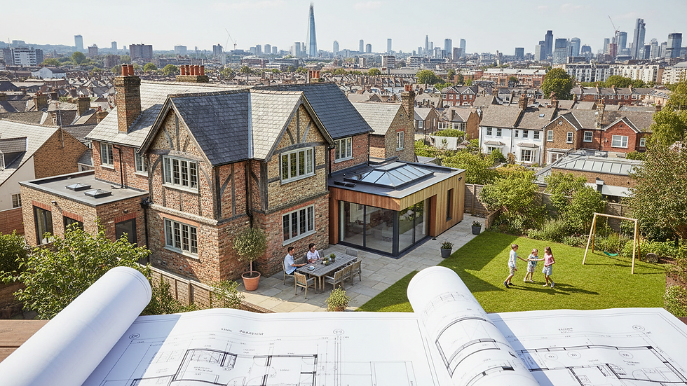 High angle view of architectural blueprints and London cityscape