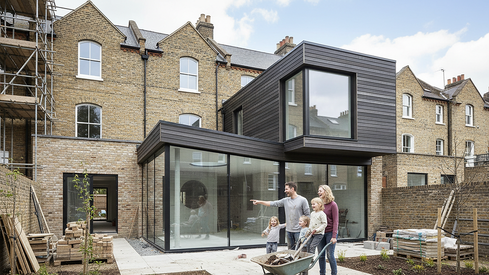 Eye-level view of a modern London townhouse under construction