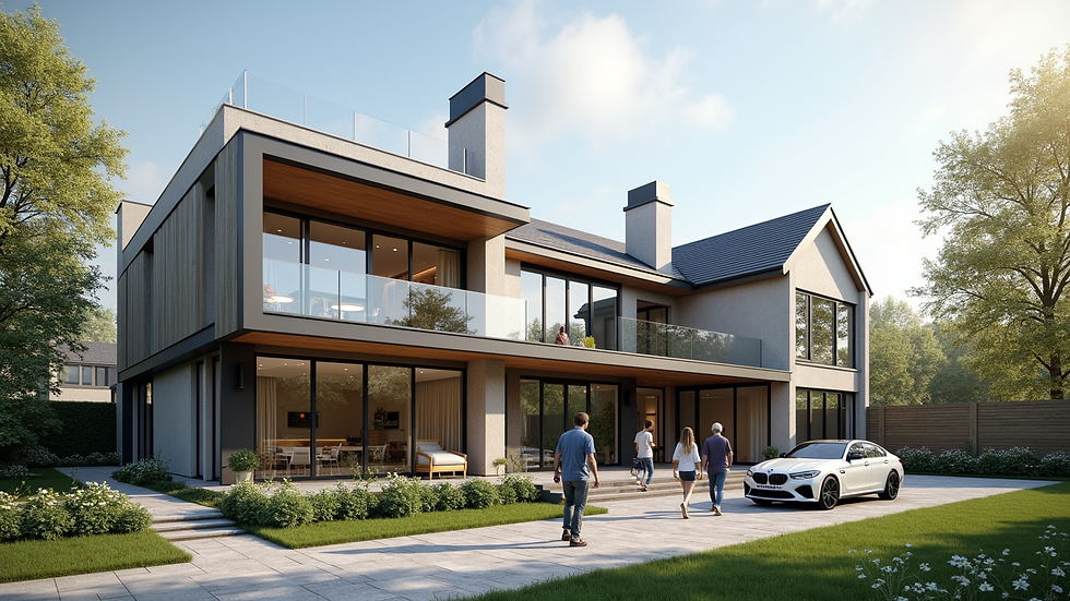 Wide angle view of contemporary London office building with glass facade