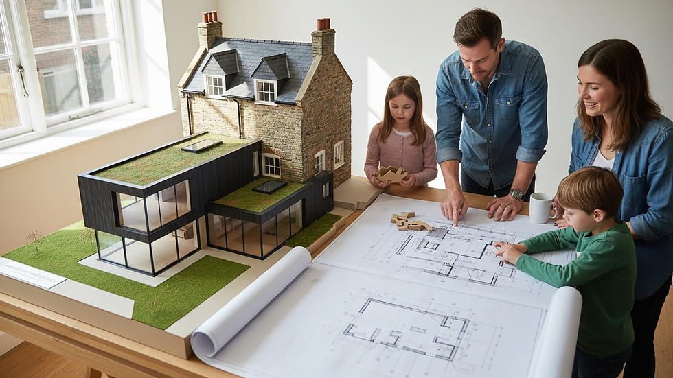 High angle view of architectural blueprints and a scale model of a London building