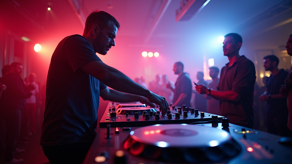 Eye-level view of DJ mixing music at a corporate event in Rostock