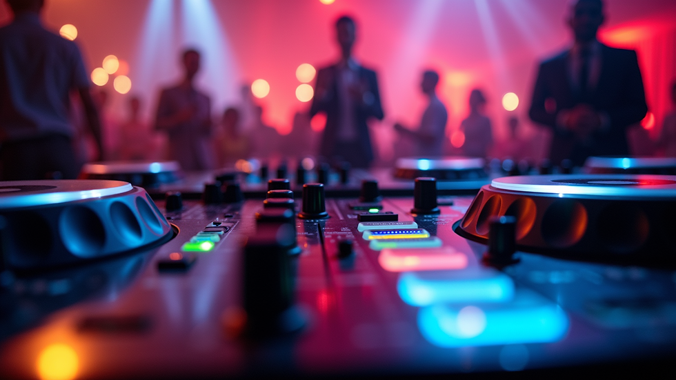 Close-up view of DJ equipment with colorful lights at a wedding party