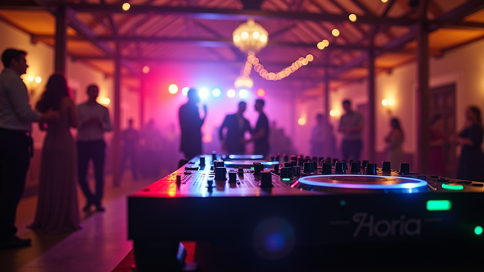 Blick auf Augenhöhe auf ein DJ-Setup für Hochzeiten mit farbenfroher Beleuchtung in einer rustikalen Location