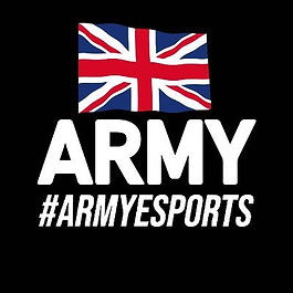 British Army Esports logo. Black background with British flag. Under flag reads Army in large white letters and under that is #ArmyEsports