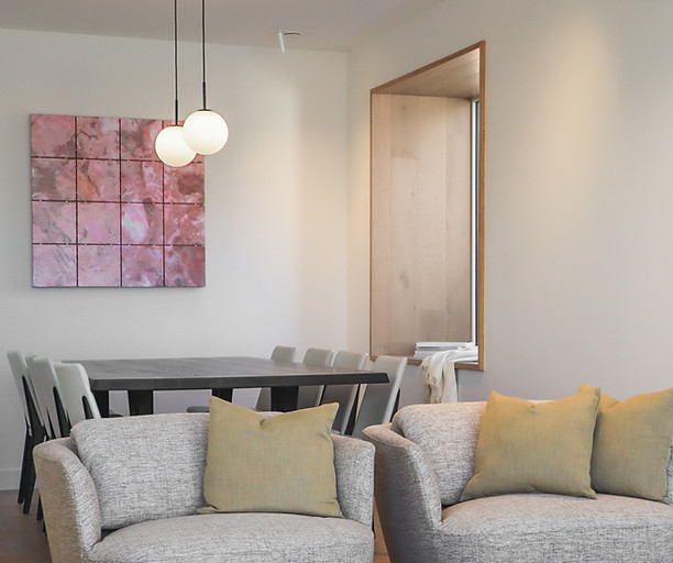Custom living space with projection window and soft furnishings