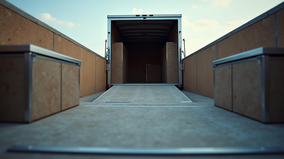 Eye-level view of a custom trailer with ramps and storage compartments