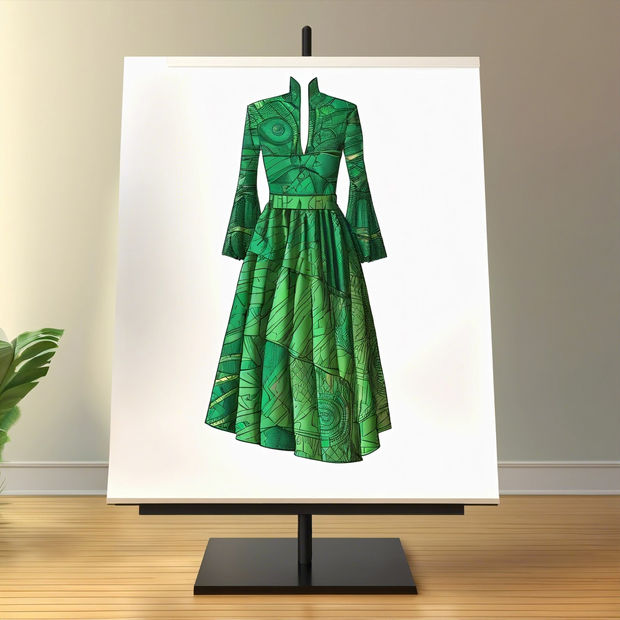 "Emerald Essence: Sketch of a Green African Ankara Garment"silhouette displayed on a 3D rotating table.jpg