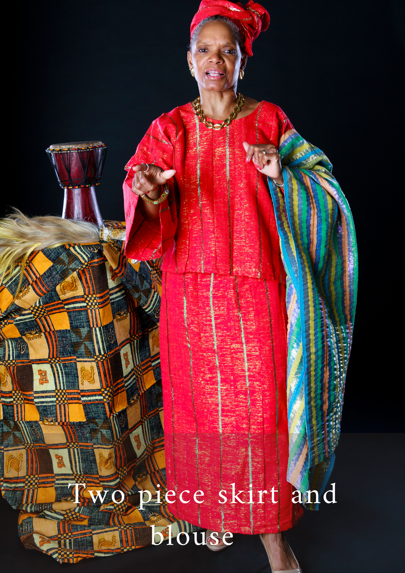 A lady wearing two pieces skirt and blouse