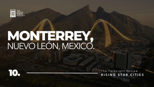 Monterrey's industrial landscape layered with supply chain and corporate treasury data, reflecting its cross-border financial bridge.
