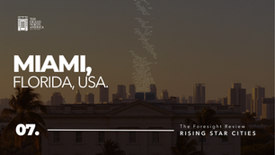 Miami's coastal skyline with blockchain and cryptocurrency network lines, highlighting its status as a digital asset gateway.
