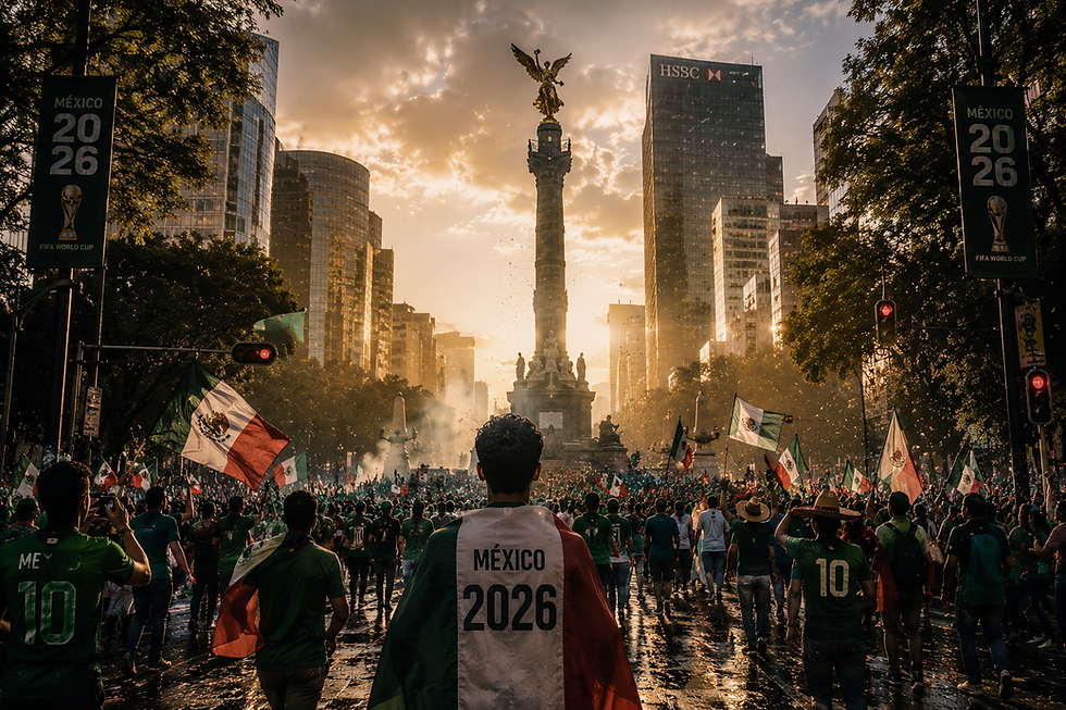 Aficionados internacionales grabando con su celular las calles de México durante el Mundial 2026, mostrando la hospitalidad mexicana.