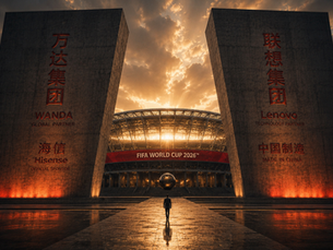 Vallas publicitarias de marcas chinas en un estadio del Mundial, ejemplo de instalación narrativa a escala global.