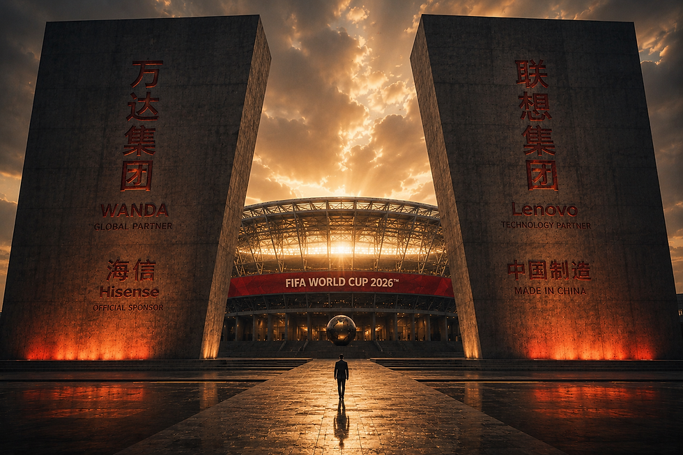 Vallas publicitarias de marcas chinas en un estadio del Mundial, ejemplo de instalación narrativa a escala global.