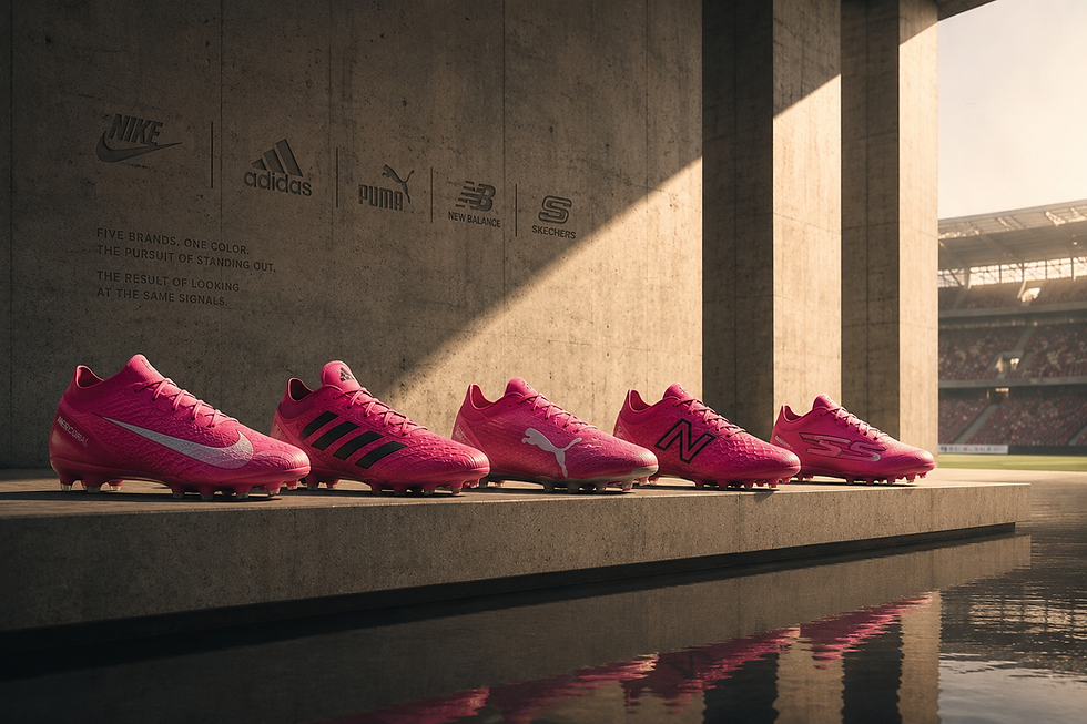 Primer plano de varios tenis de fútbol de color rosa fucsia de distintas marcas alineados sobre el césped de un estadio.