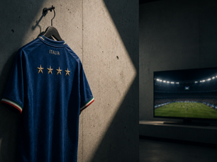 Jersey azul de la selección de Italia con cuatro estrellas bordadas colgado, mientras el estadio del Mundial se ve al fondo.