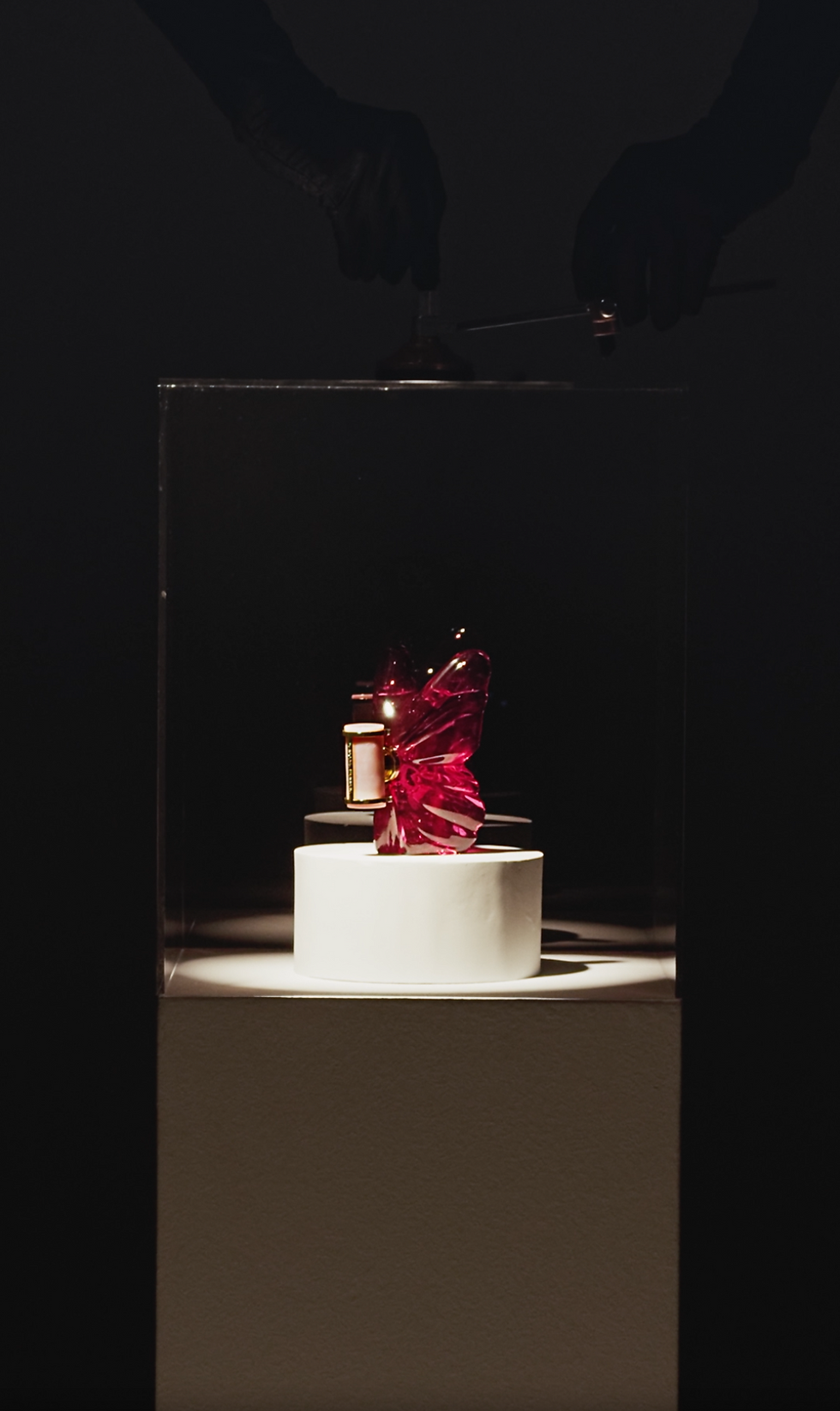 Carolina Herrera La Bomba fragrance bottle with crimson butterfly wings displayed under spotlight in glass case, suspended robotic arm above. Product film still by Anna Karinvinge, 2025
