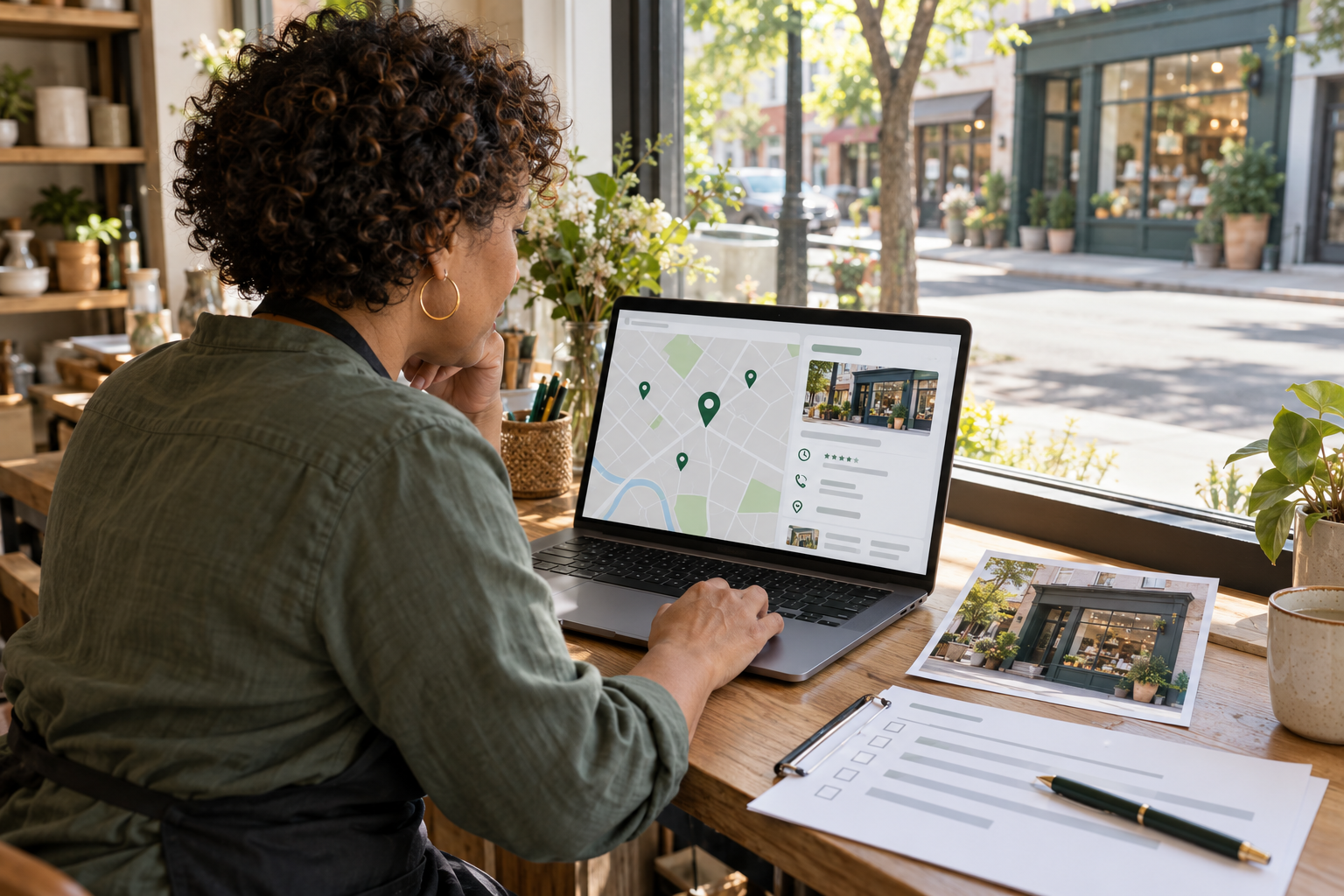Illustrative photograph: A local business listing and map are reviewed at a storefront counter alongside matching location information.