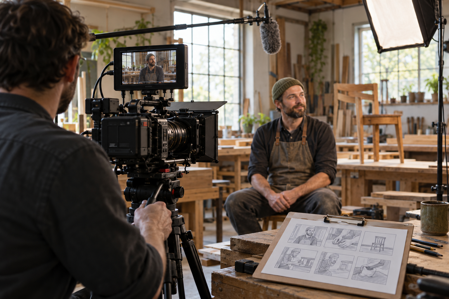 Illustrative photograph: A cinema camera, boom microphone and crew prepare a business interview in a furniture workshop.