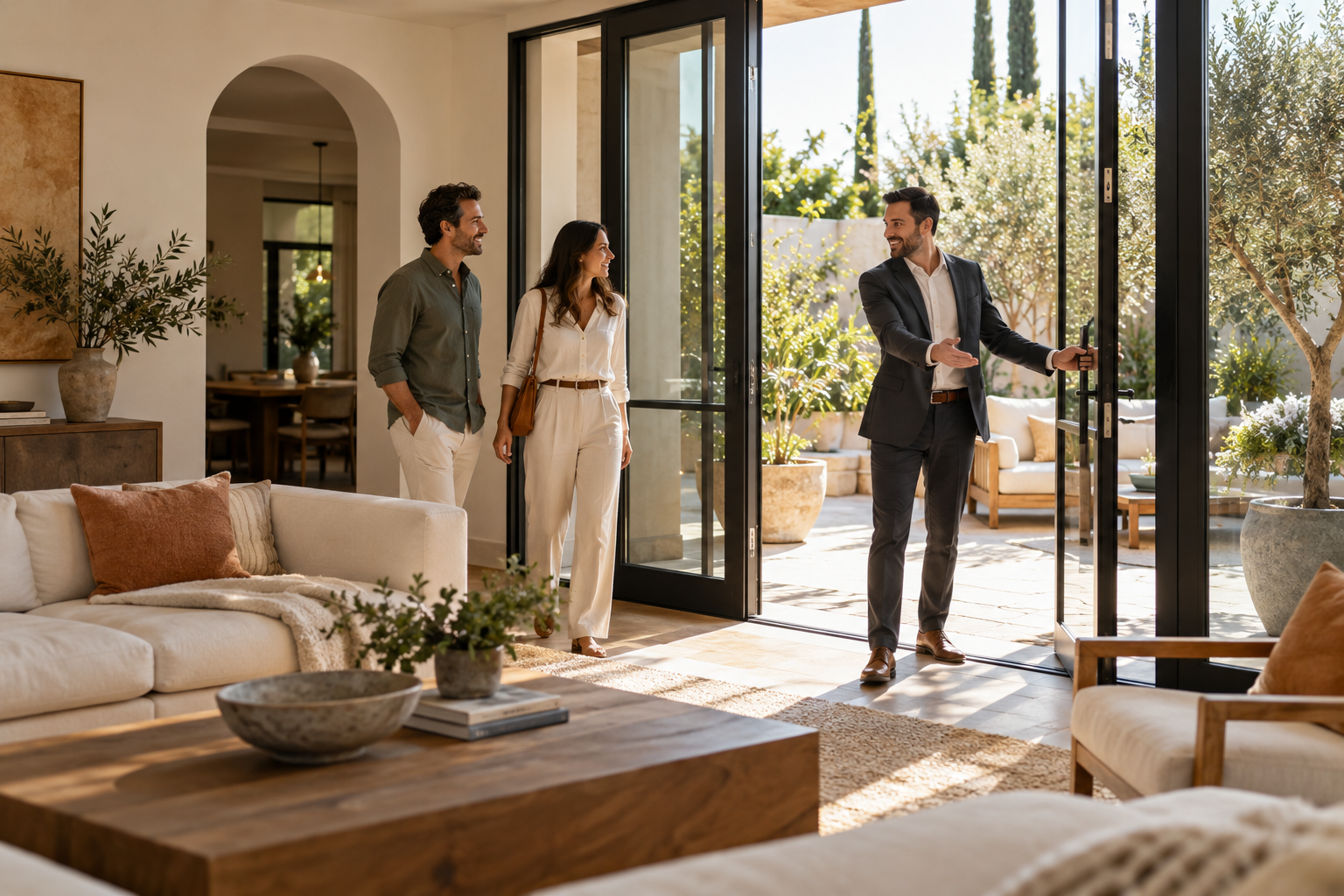Real estate professional welcoming visitors to a Southern California home