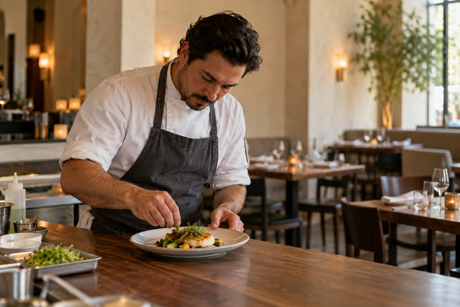 Chef plating a dish in a warm contemporary restaurant